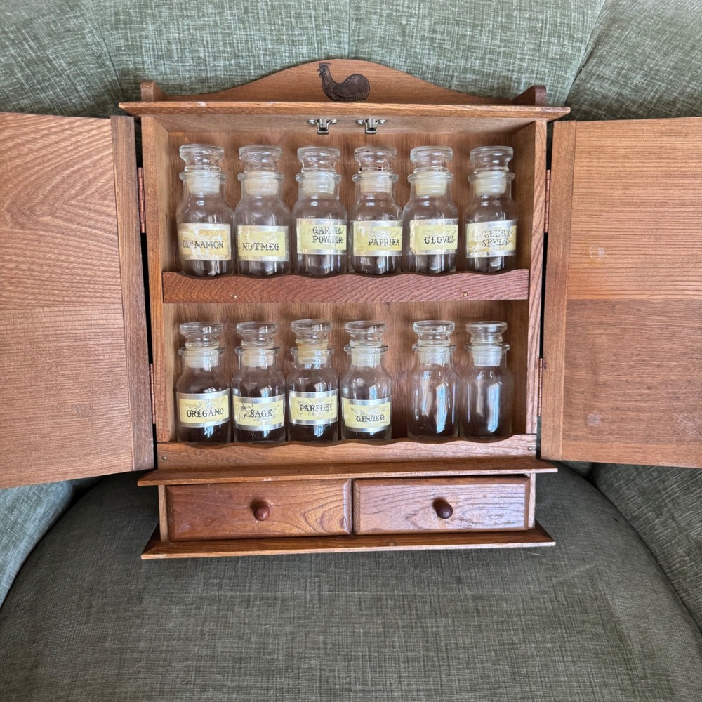 Vintage Wood Spice Cabinet Glass Apothecary Jars Drawers Brass Rooster Detail